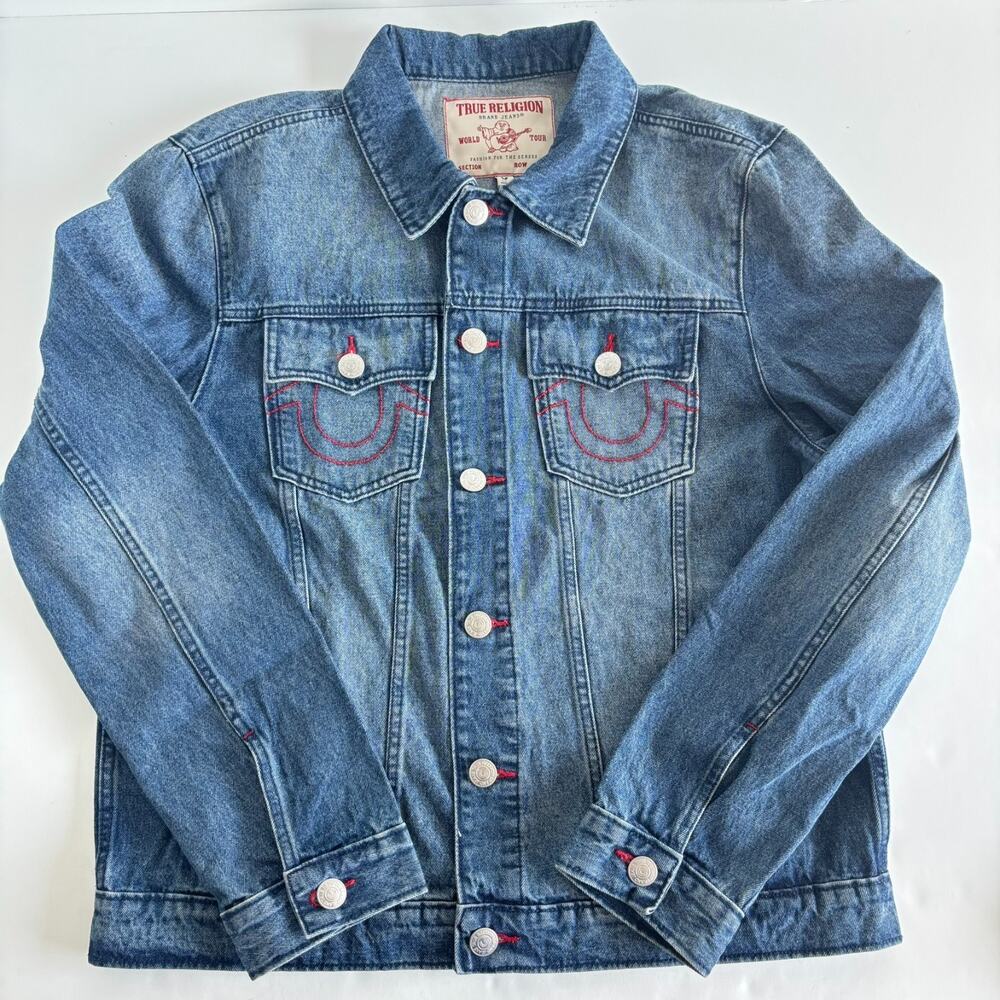 True Religion Blue Solid Denim Jacket Men's L Button Front Embroidered Logo